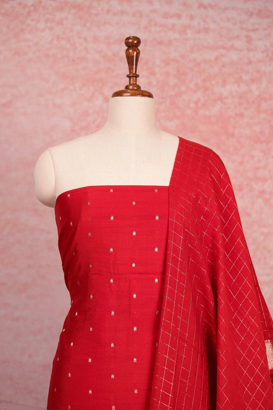 Red Semi Silk Banarasi Design Unstitched Churidhar Material