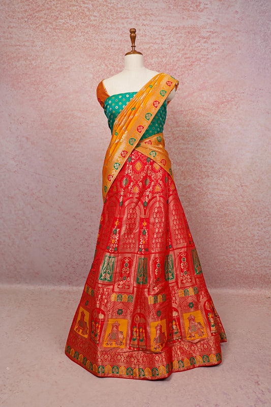 Reddish Orange And Green Semi Banarasi Dhavani Set - Seematti