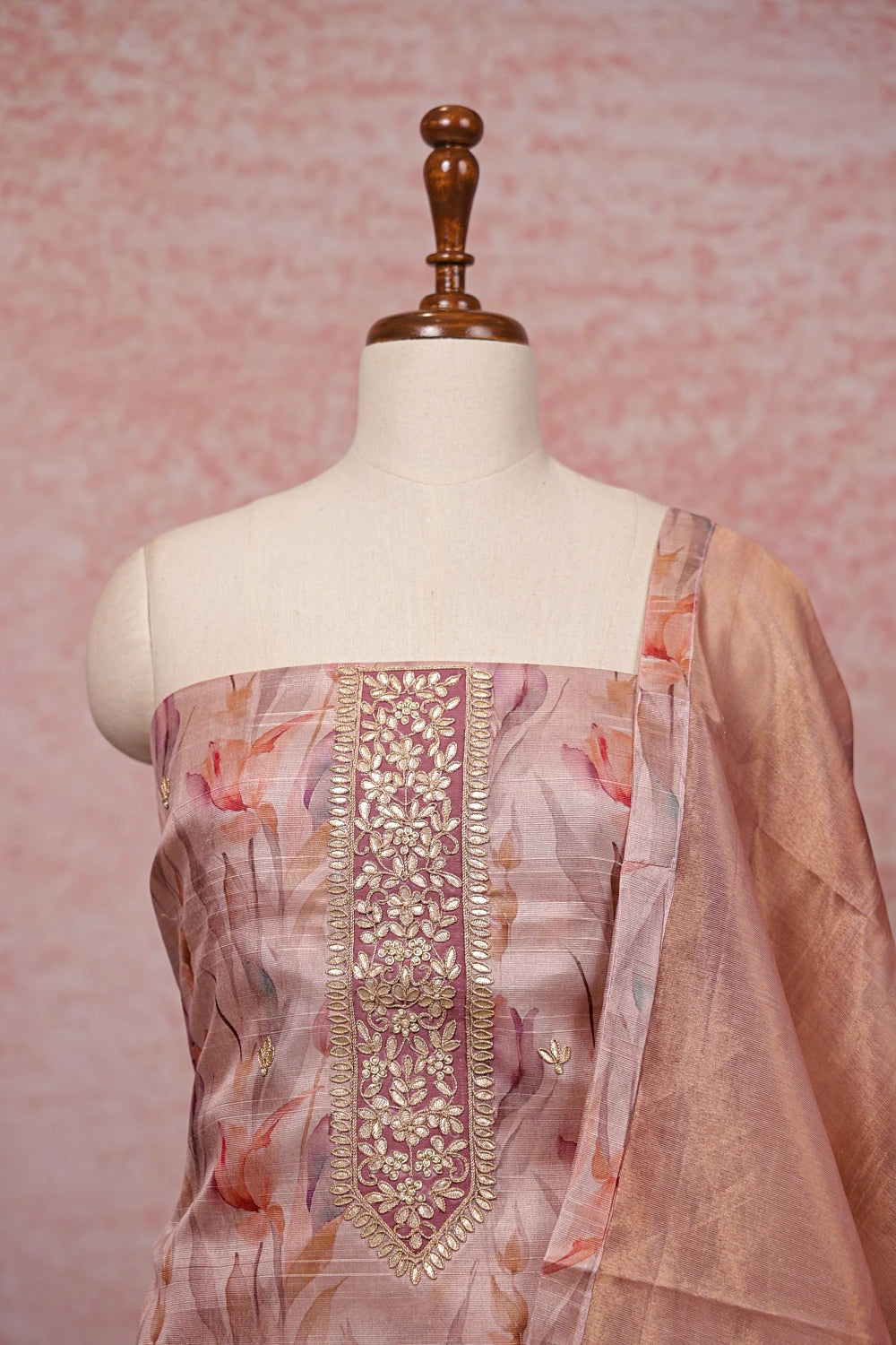 Rose Gold Chanderi Printed Unstitched Churidhar Material - Seematti
