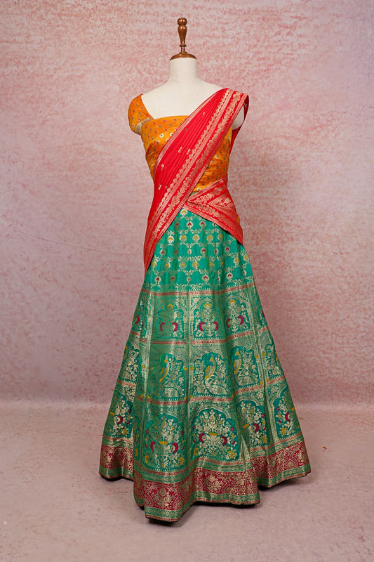 Sapphire Green And Yellow Semi Banarasi Dhavani Set - Seematti