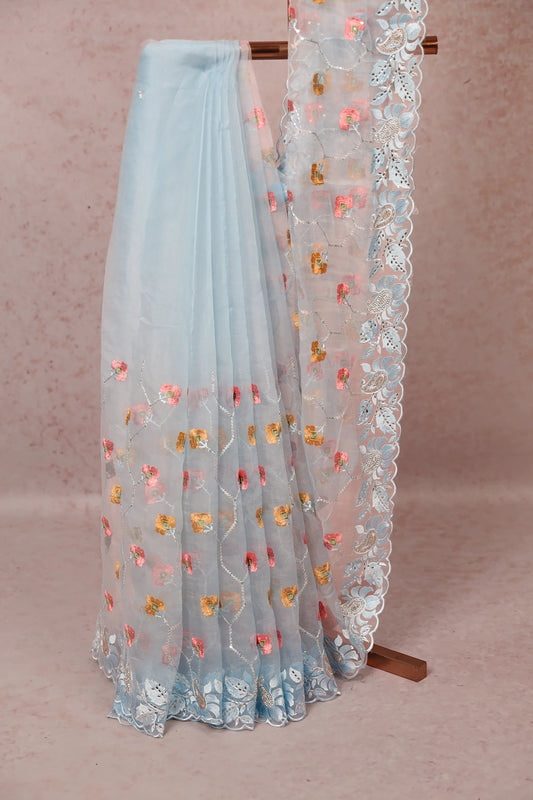 Sky Blue Semi Organza Saree