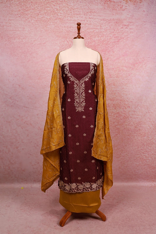 Sparkling Grape Vichithra Silk Thread And Stone Work Unstitched Churidhar Material