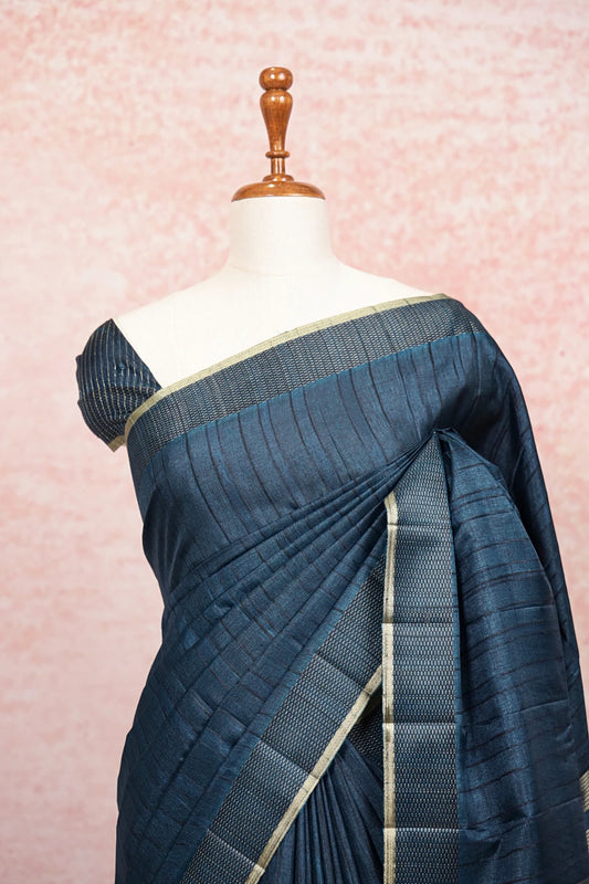 Teal Blue Semi Tussar Saree - Seematti