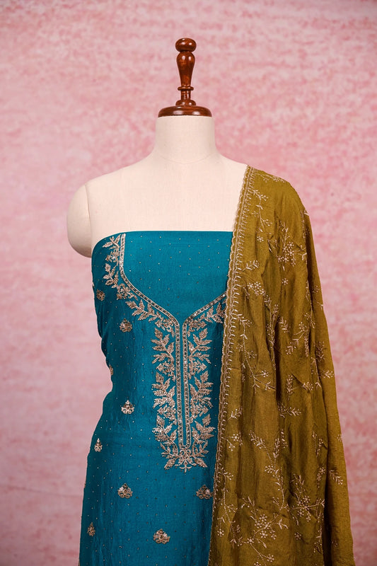 Tiffany Blue Vichithra Silk Thread And Stone Work Unstitched Churidhar Material
