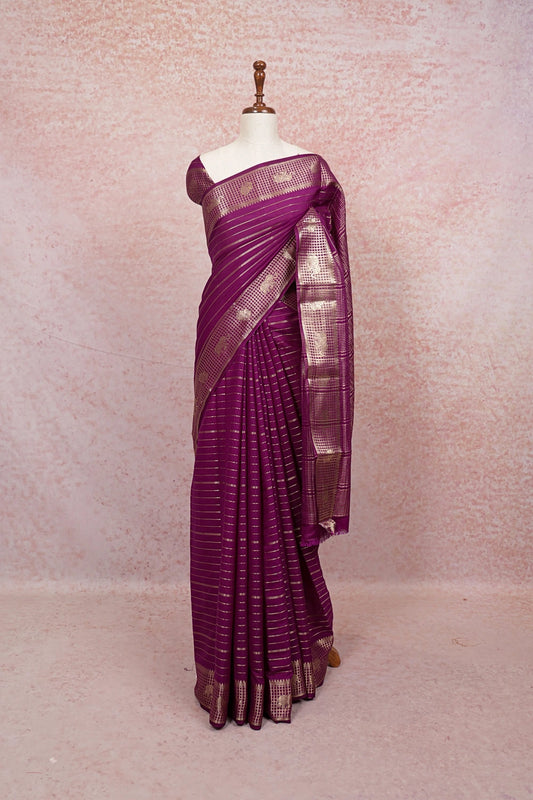 Vadamulla Semi Banarasi Saree in magenta with gold striped border - buy online at Seematti