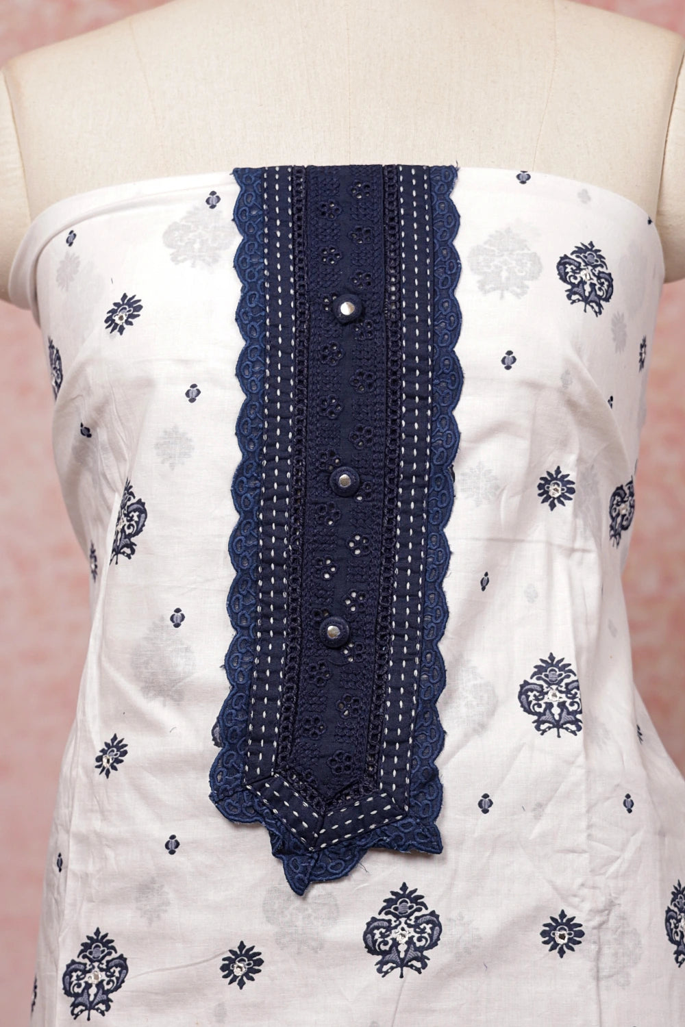 White Cotton Printed Unstitched Churidhar Material - Seematti