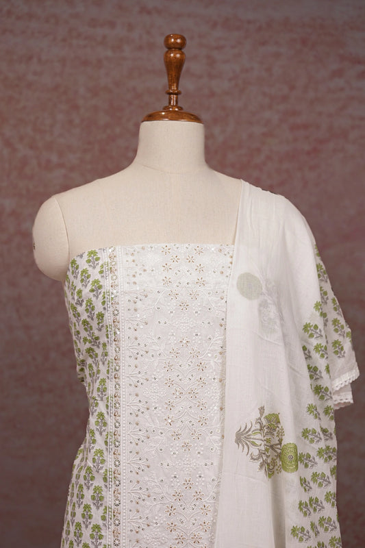 White Cotton Thread Work Un Stitched Churidhar Material - Seematti