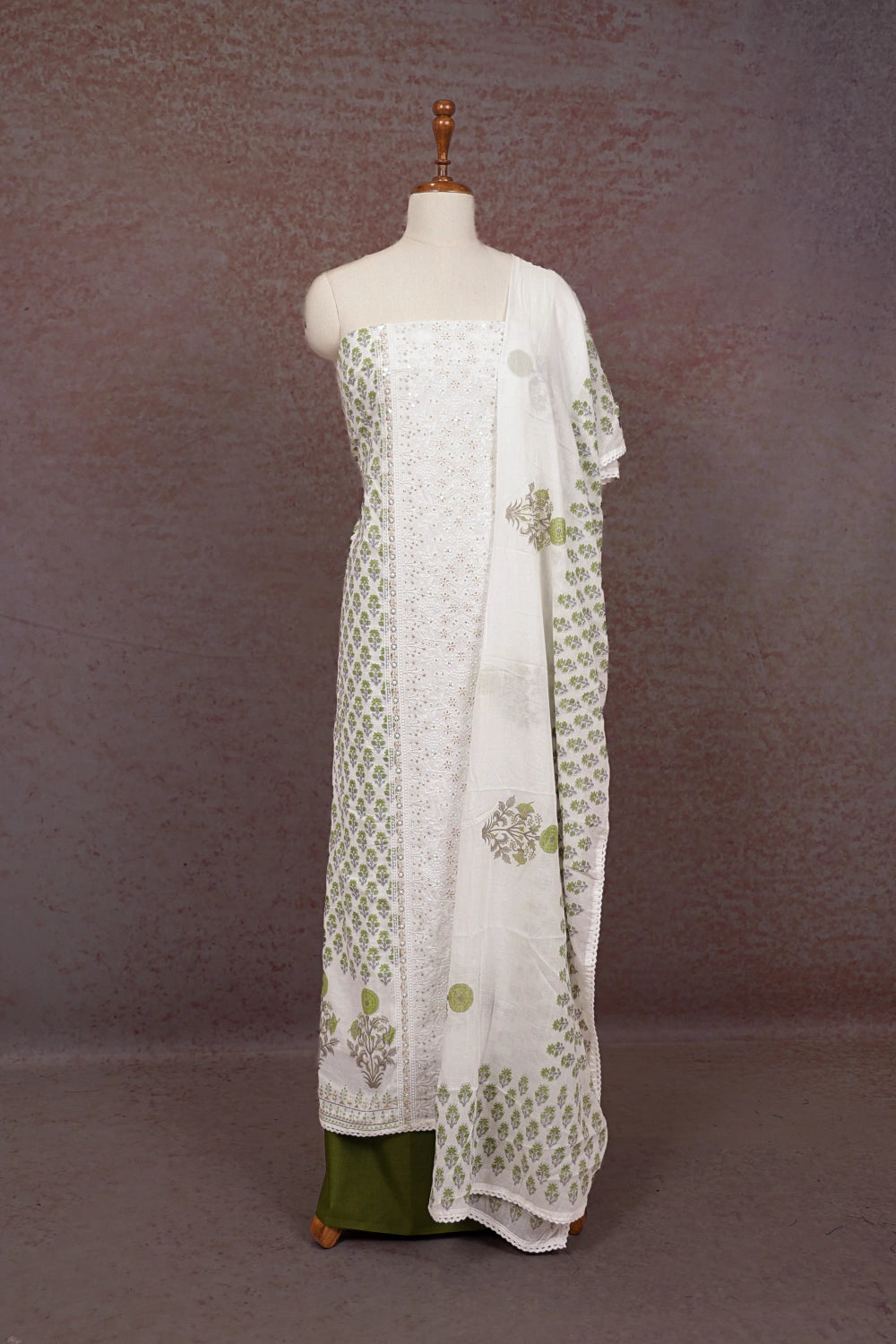 White Cotton Thread Work Un Stitched Churidhar Material - Seematti