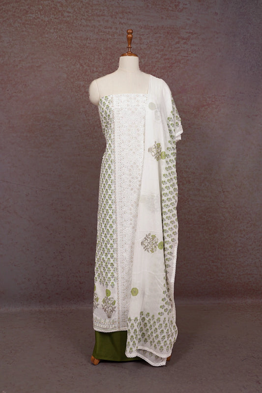 White Cotton Thread Work Un Stitched Churidhar Material - Seematti