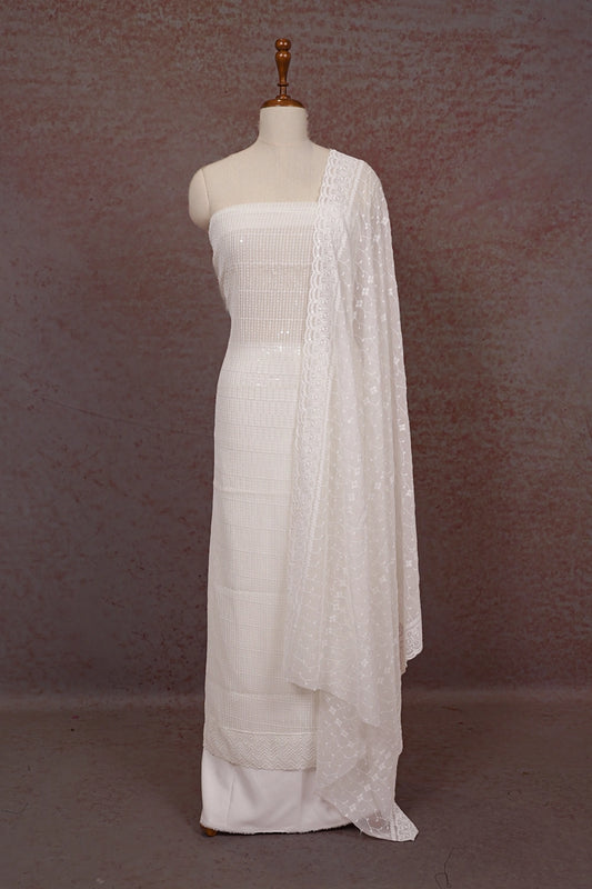 White Georgette Sequines Unstitched Churidhar Material - Seematti
