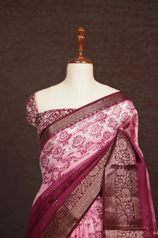 Wine And Pink Semi Tussar Saree