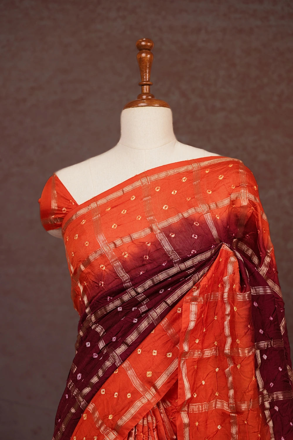 Wine Bandhani Saree With Bandhani Print And Bandhani Border - Seematti