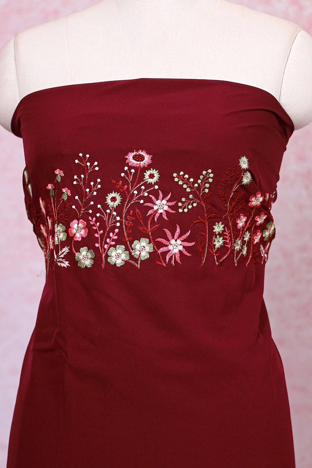 Wine Crepe Embroidery Unstitched Churidhar Material - Seematti