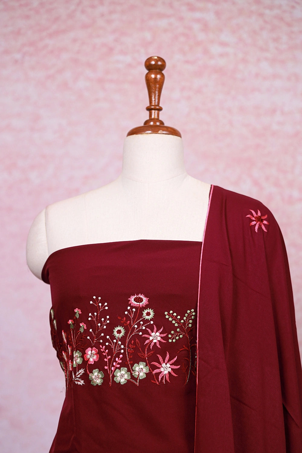 Wine Crepe Embroidery Unstitched Churidhar Material - Seematti