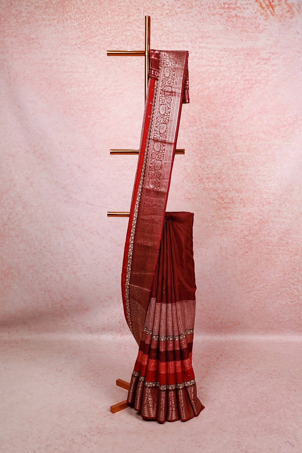 Wine Dola Silk Striped Saree With Mirror Work Border - Seematti
