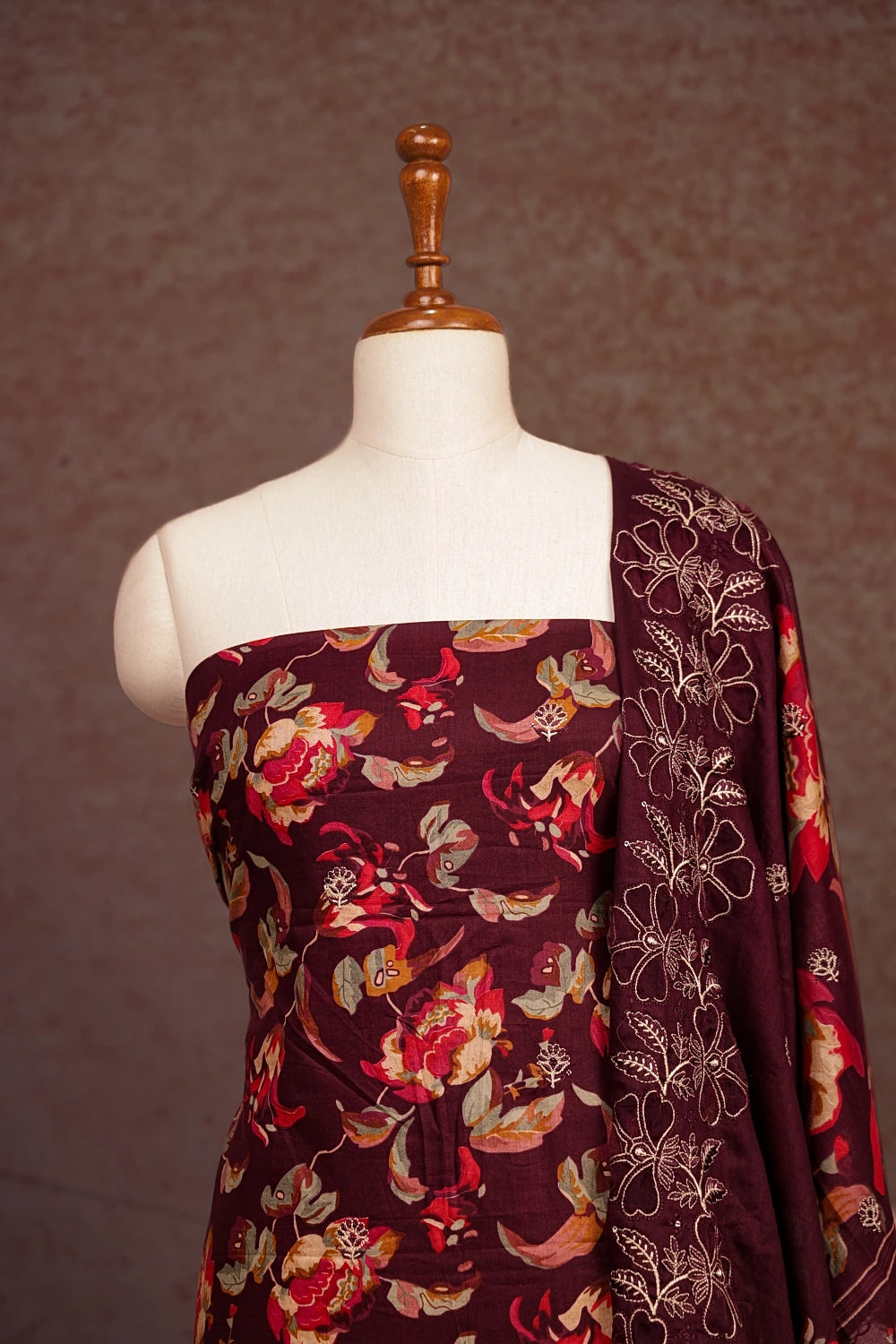 Wine Red Cotton Applic Work Unstitched Churidhar Material