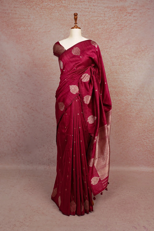 Wine Red Semi Banarasi Saree