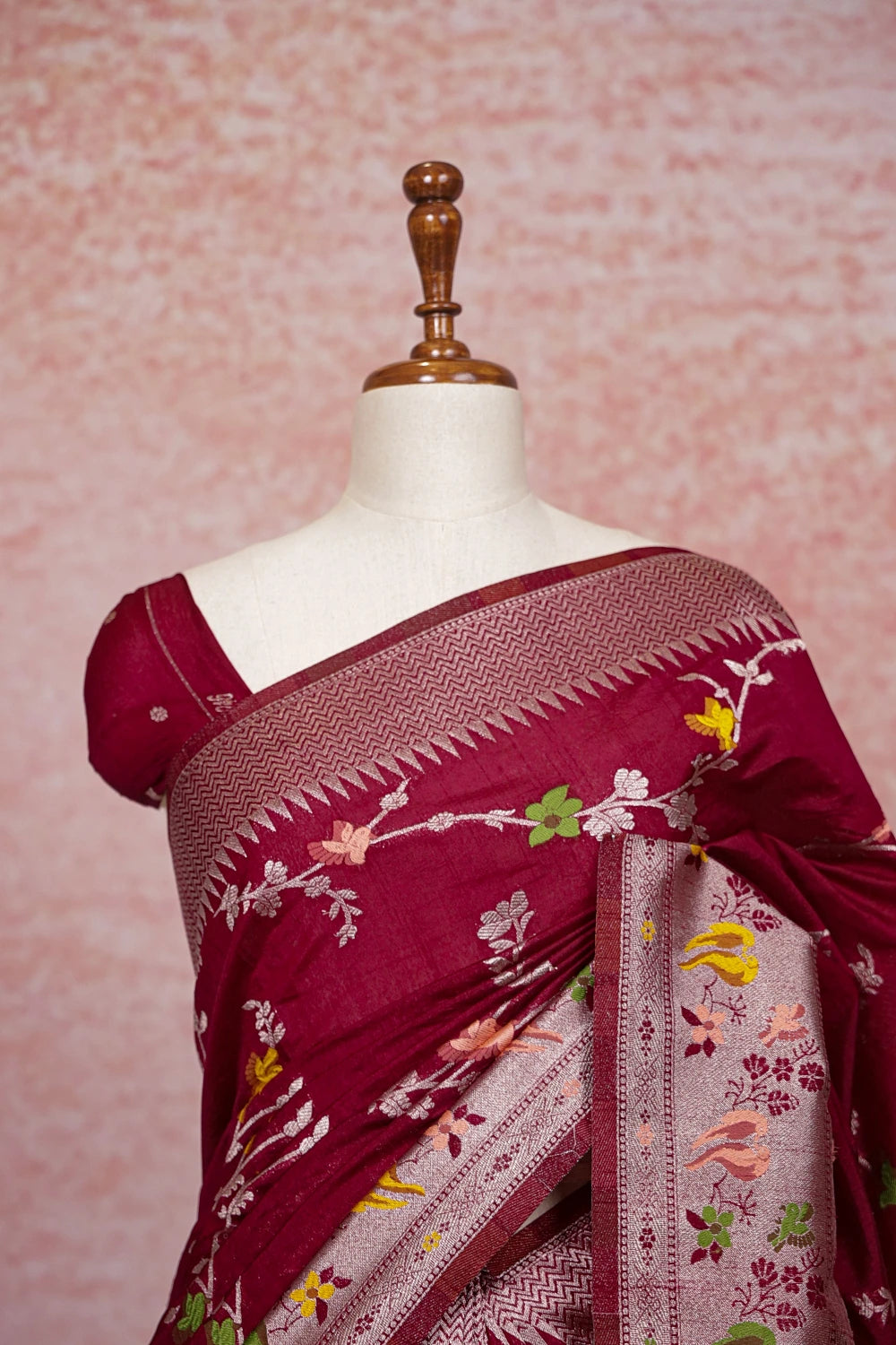 Wine Red Semi Banarasi Saree - Seematti