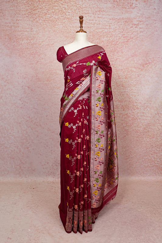 Wine Red Semi Banarasi Saree - Seematti