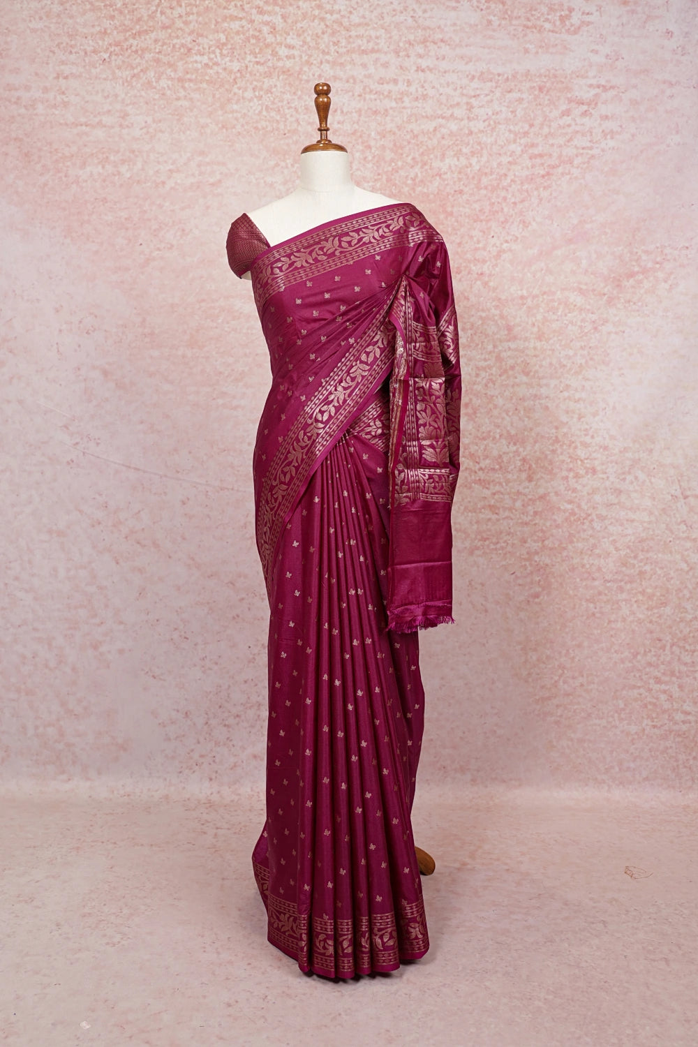 Wine Semi Banarasi Saree with gold border - Seematti
