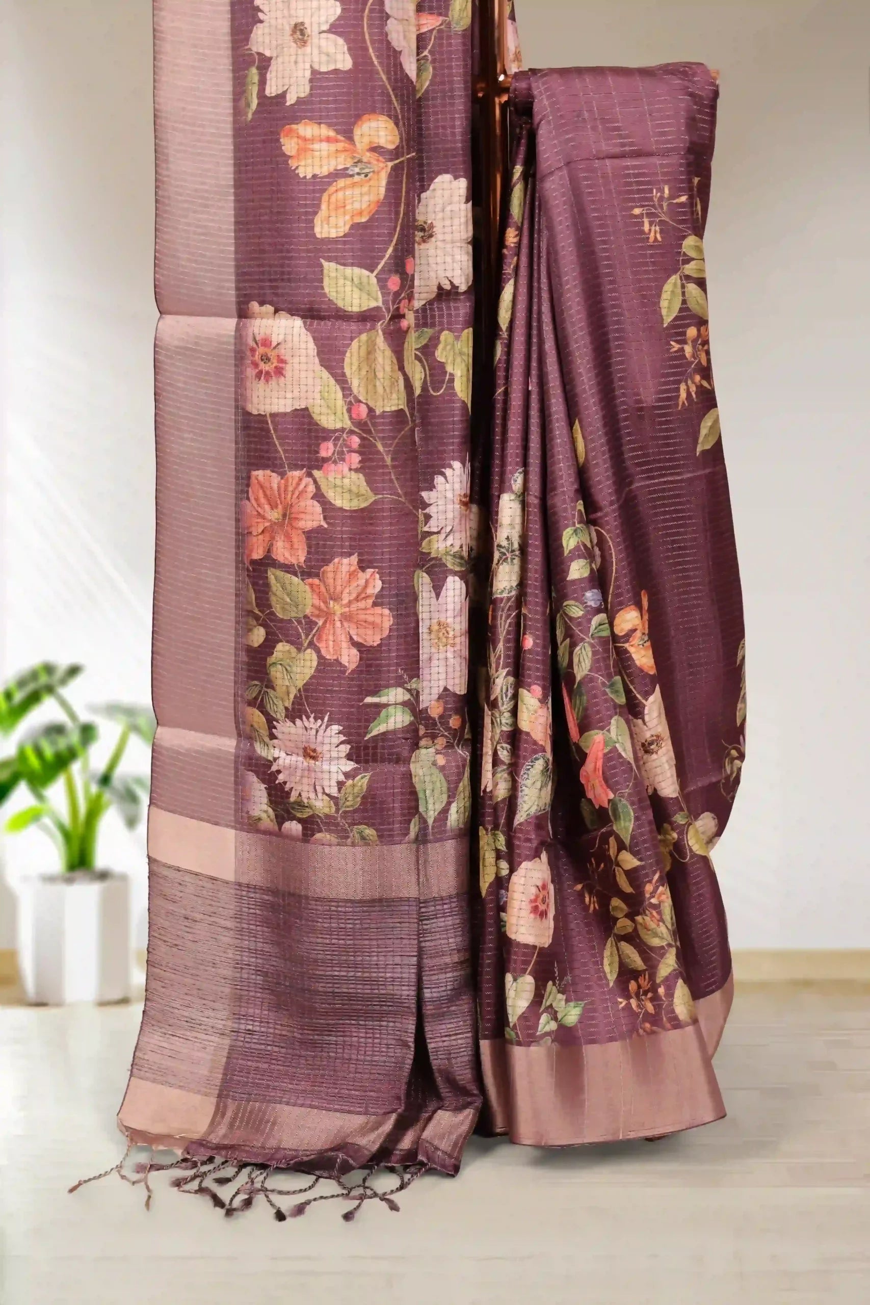 Wine Semi Tussar Saree