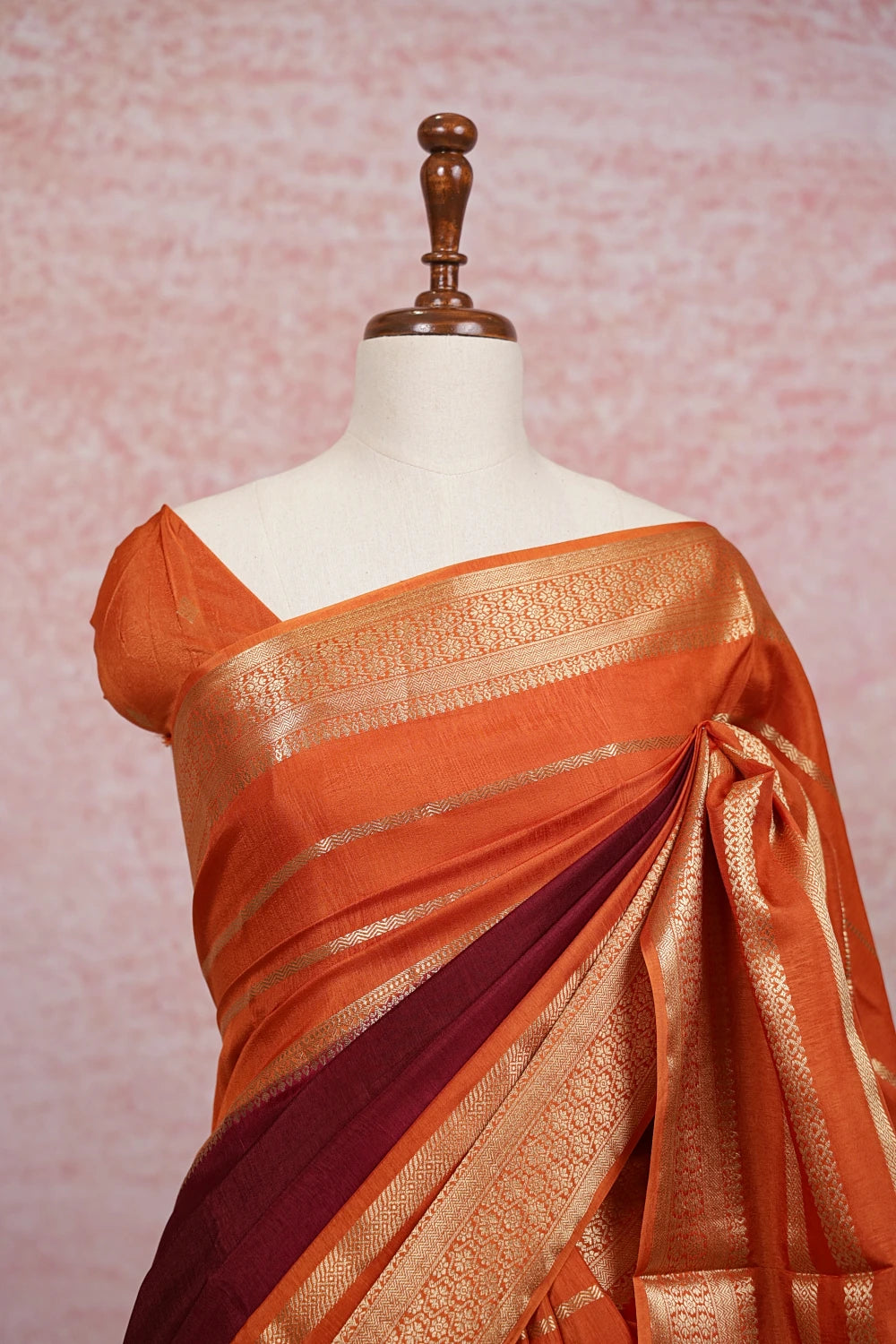 Wine With Orange Semi Banarasi Saree - Seematti