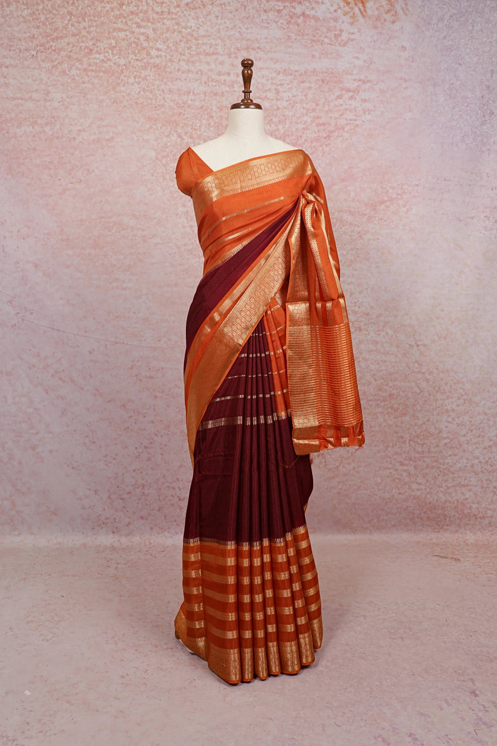 Wine With Orange Semi Banarasi Saree - Seematti