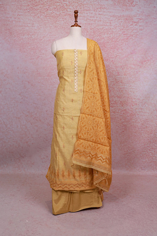 Yellow Chanderi Silk Thread Work Unstitched Churidhar Material - Seematti