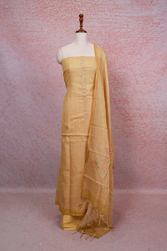 Yellow Linen Embroidery Unstitched Churidhar Material - Seematti