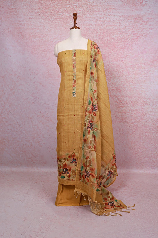 Yellow Linen Thread Work Unstitched Churidhar Material - Seematti