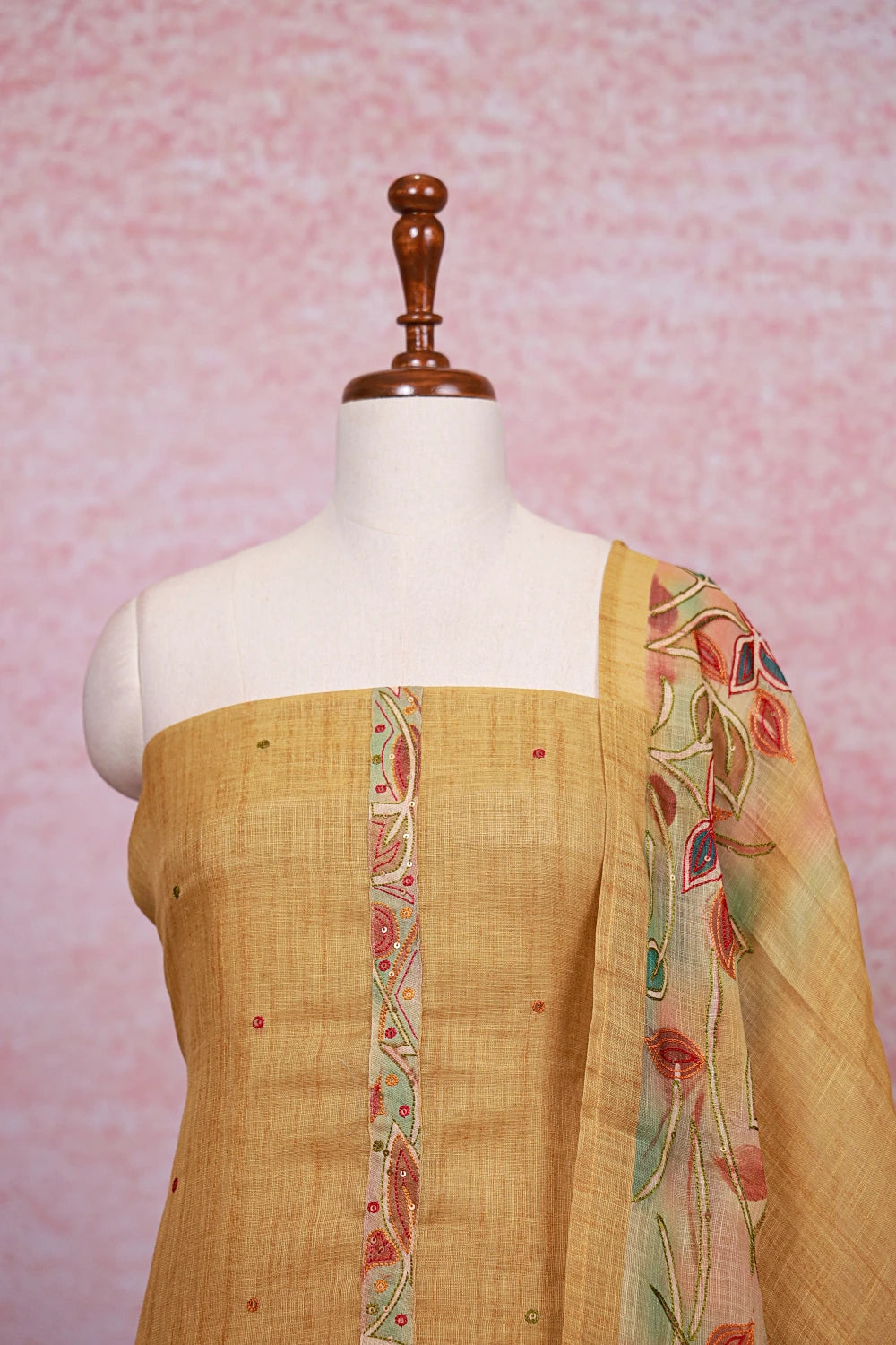 Yellow Linen Thread Work Unstitched Churidhar Material - Seematti