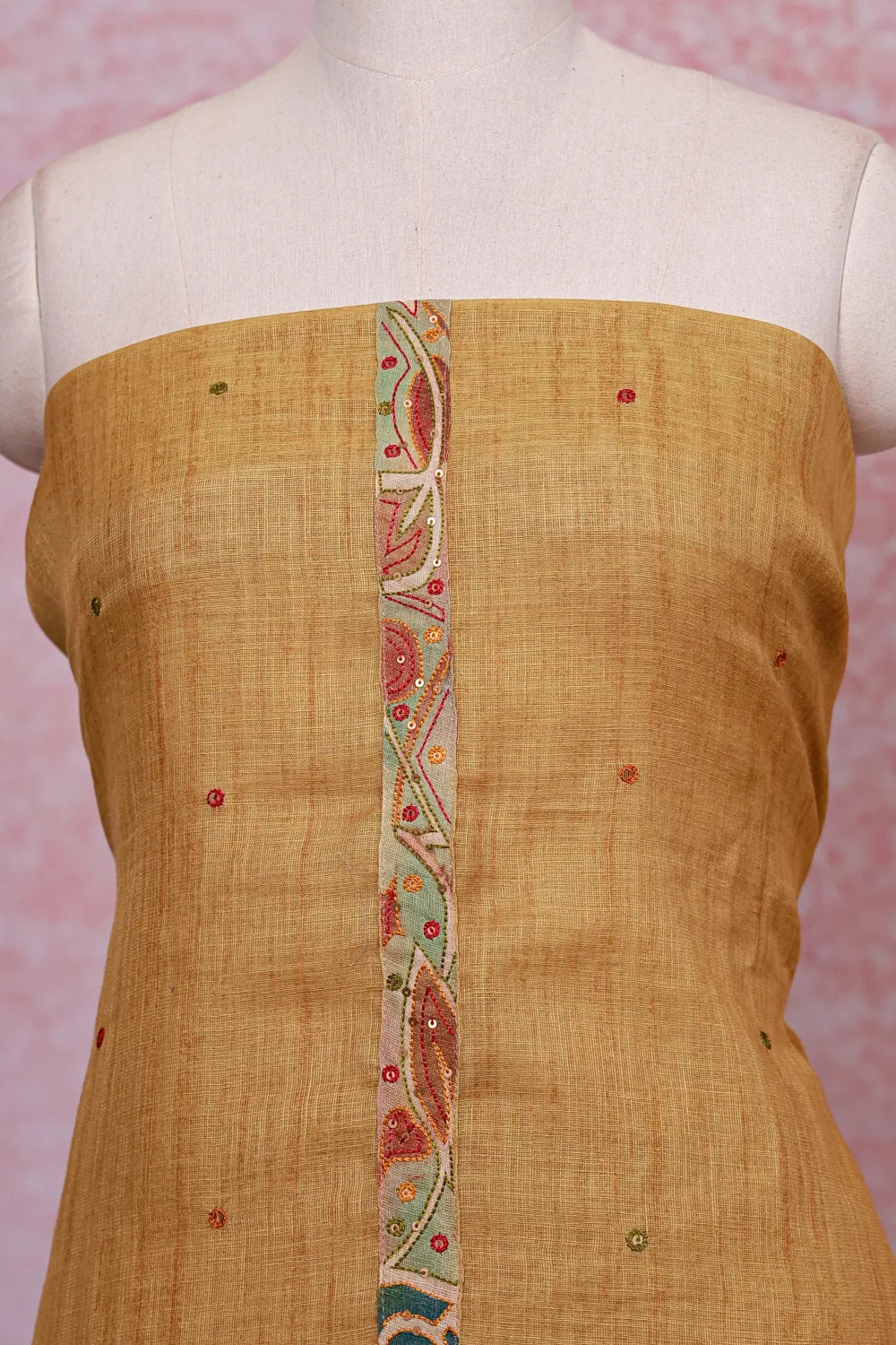 Yellow Linen Thread Work Unstitched Churidhar Material - Seematti