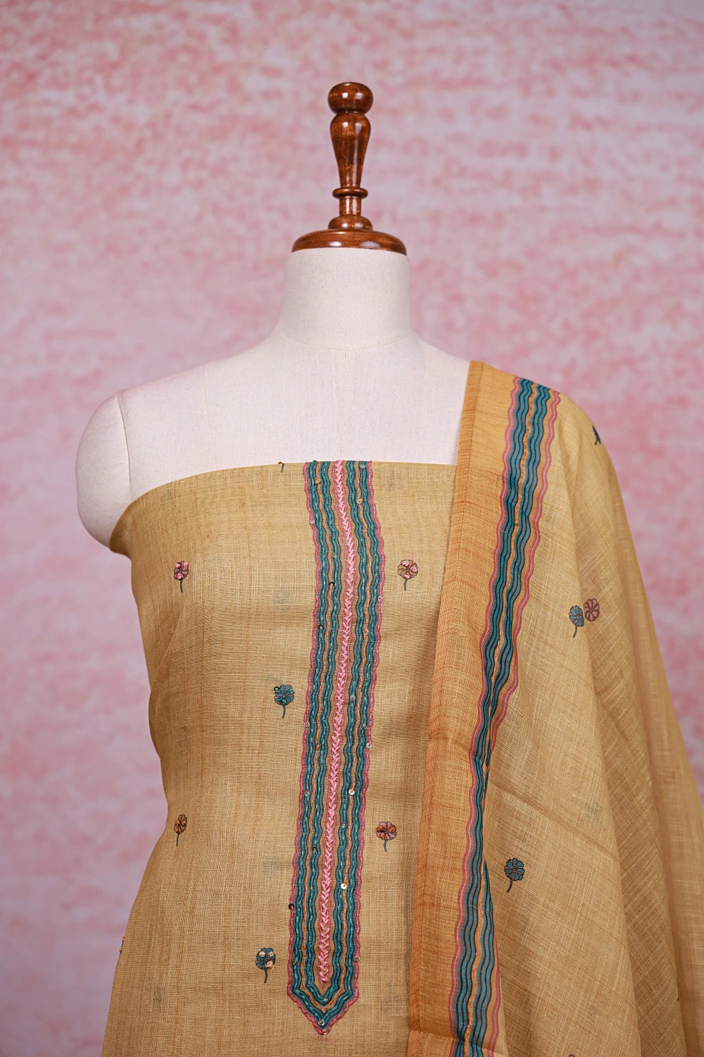 Yellow Linen Thread Work Unstitched Churidhar Material