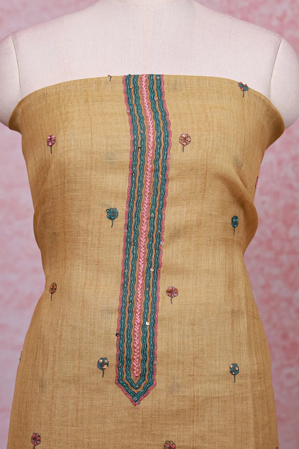 Yellow Linen Thread Work Unstitched Churidhar Material