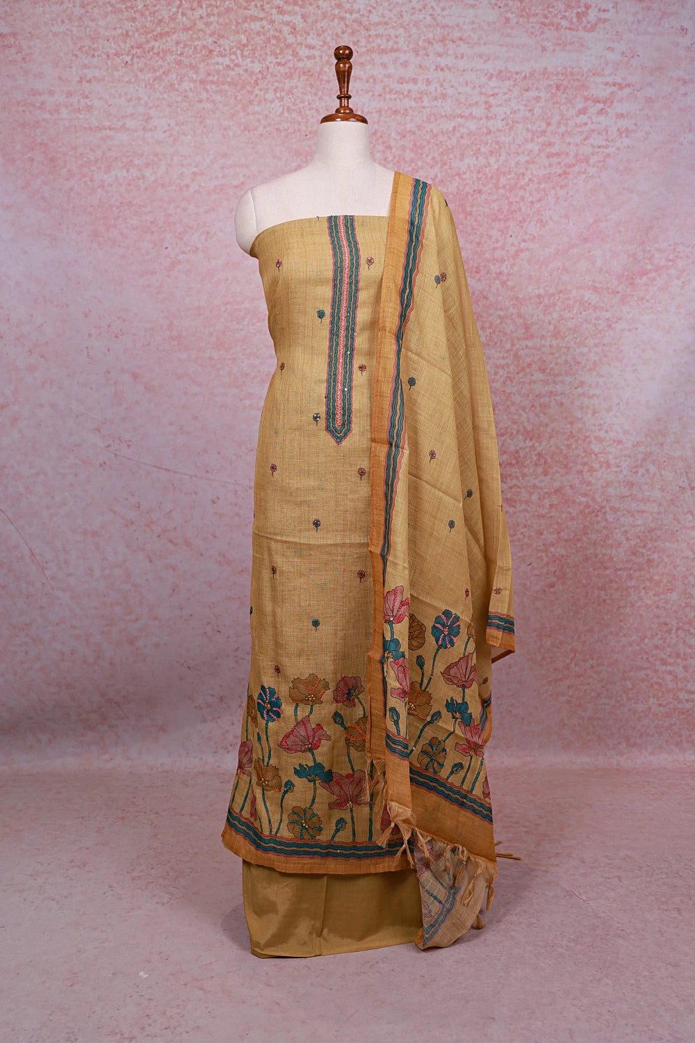 Yellow Linen Thread Work Unstitched Churidhar Material