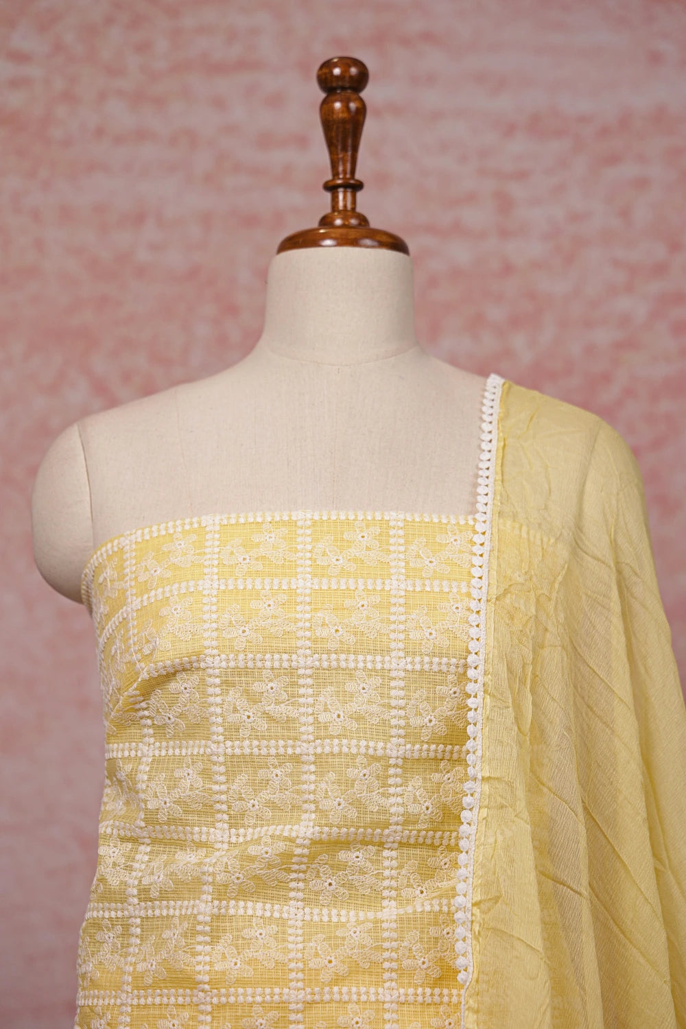 Yellow Net Kota Hakoba Work Unstitched Churidhar Material - Seematti