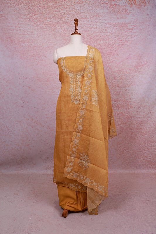 Yellow Tissue Silk Applic Work Unstitched Churidhar Material - Seematti