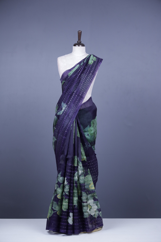 Buy Navy Blue Organza Chanderi Silk Saree RA-348 Online in India