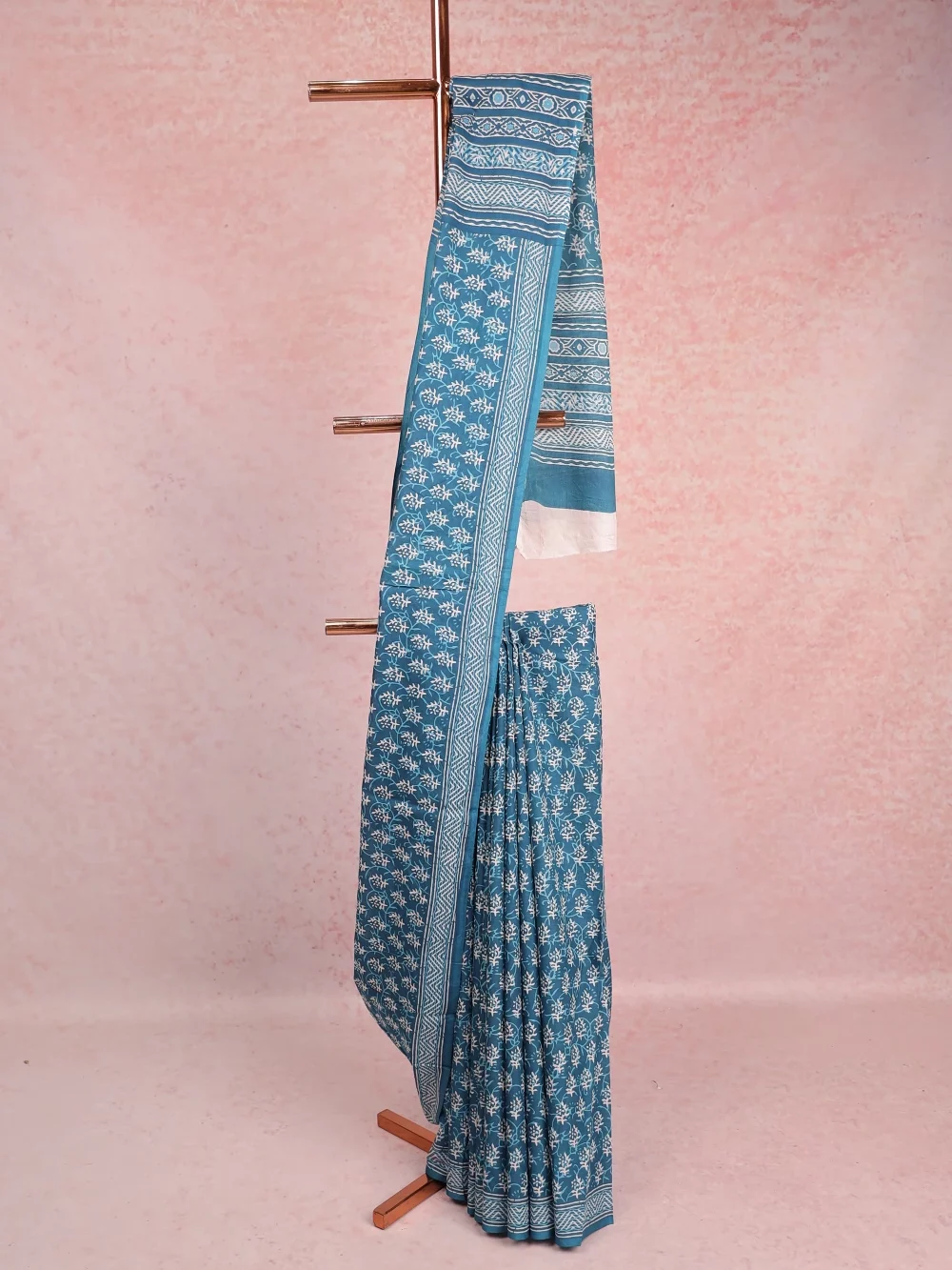 Peacock Blue Oil Cotton Saree