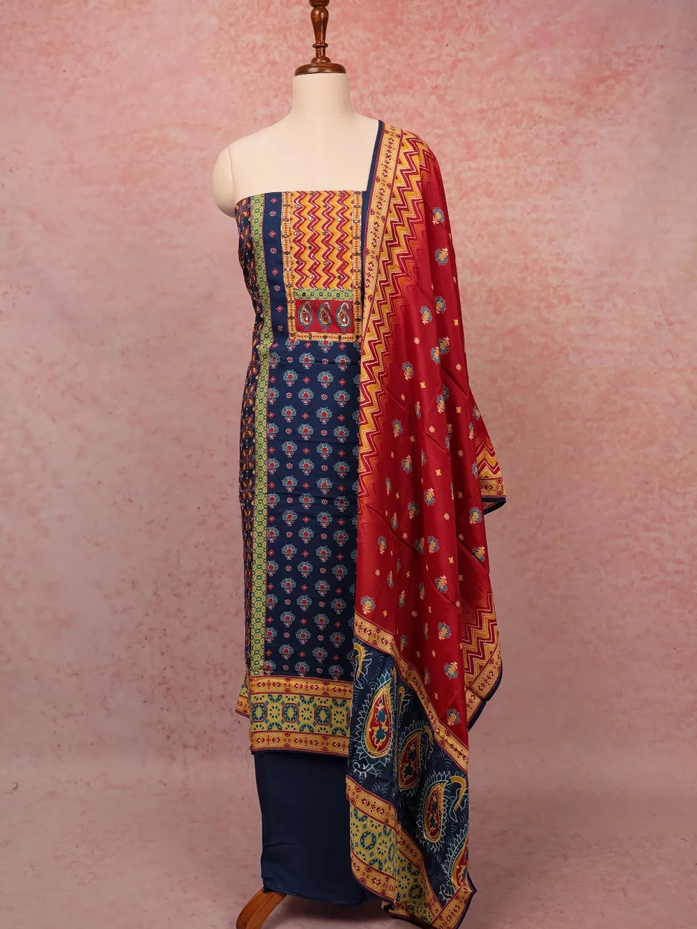 Blue Mascline Printed Unstitched Churidar Material