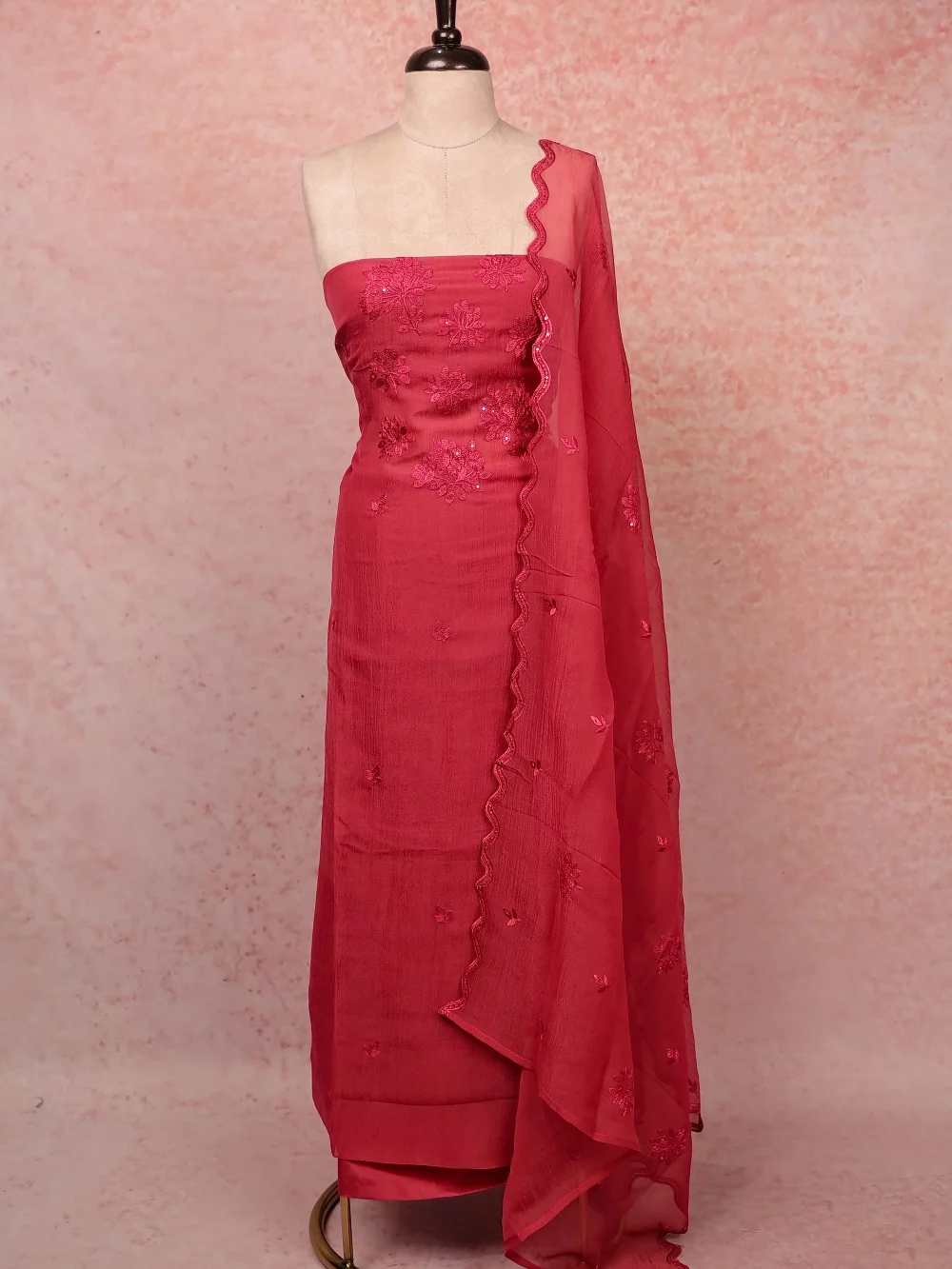 Onion Pink Crush Organza Embroidery Unstitched Churidar Material