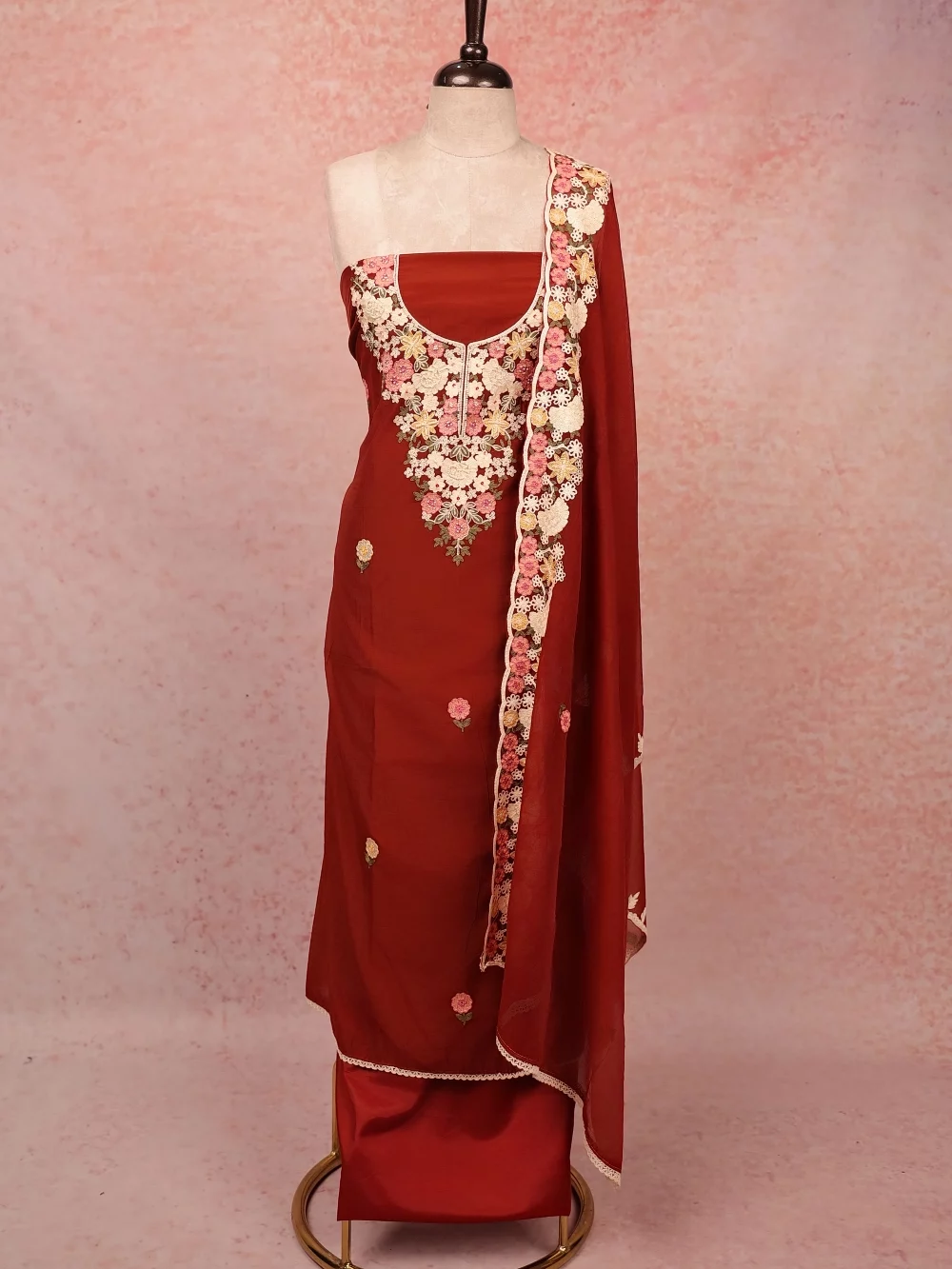 Brown Chanderi Embroidery Unstitched Churidar Material