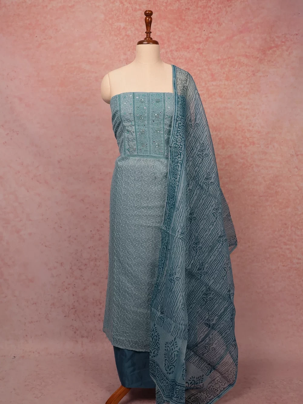 Light Blue Kota Embroidery Unstitched Churidar Material