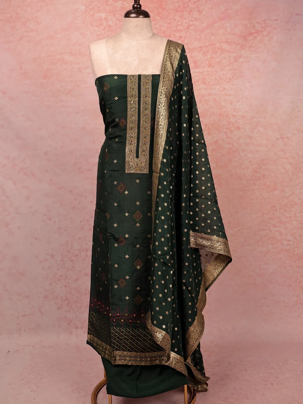 Dark Green Banarasi Banarasi Design Unstitched Churidar Material