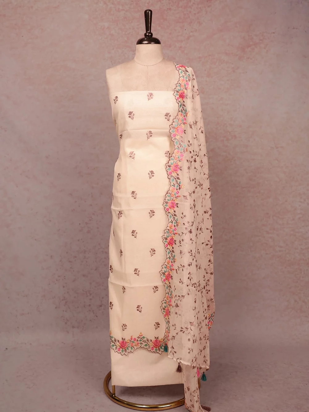 Cream Chanderi Embroidery Unstitched Churidar Material