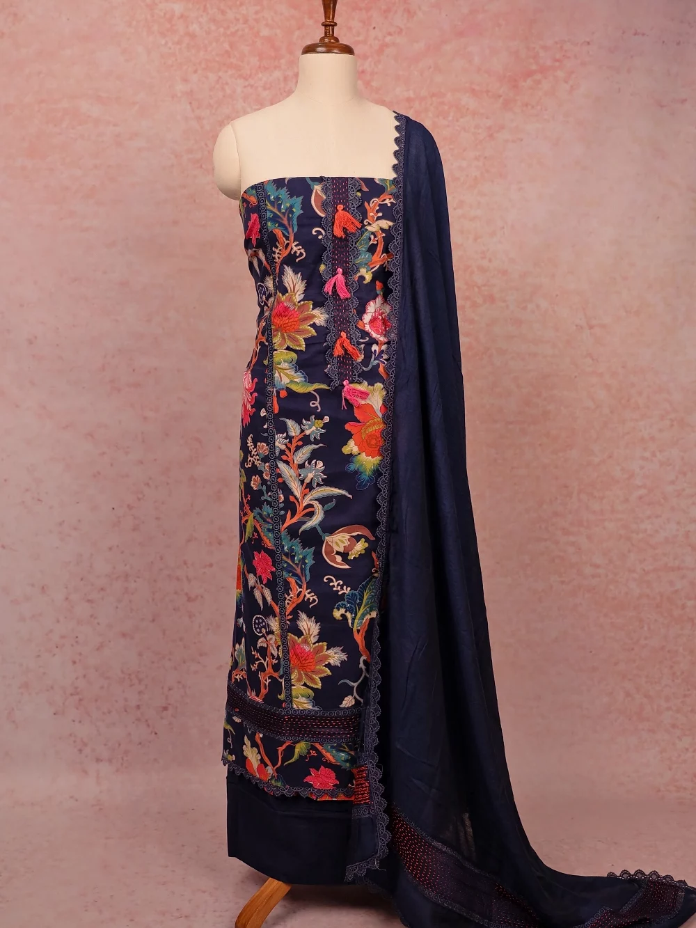 Navy Blue Cotton Printed Unstitched Churidar Material