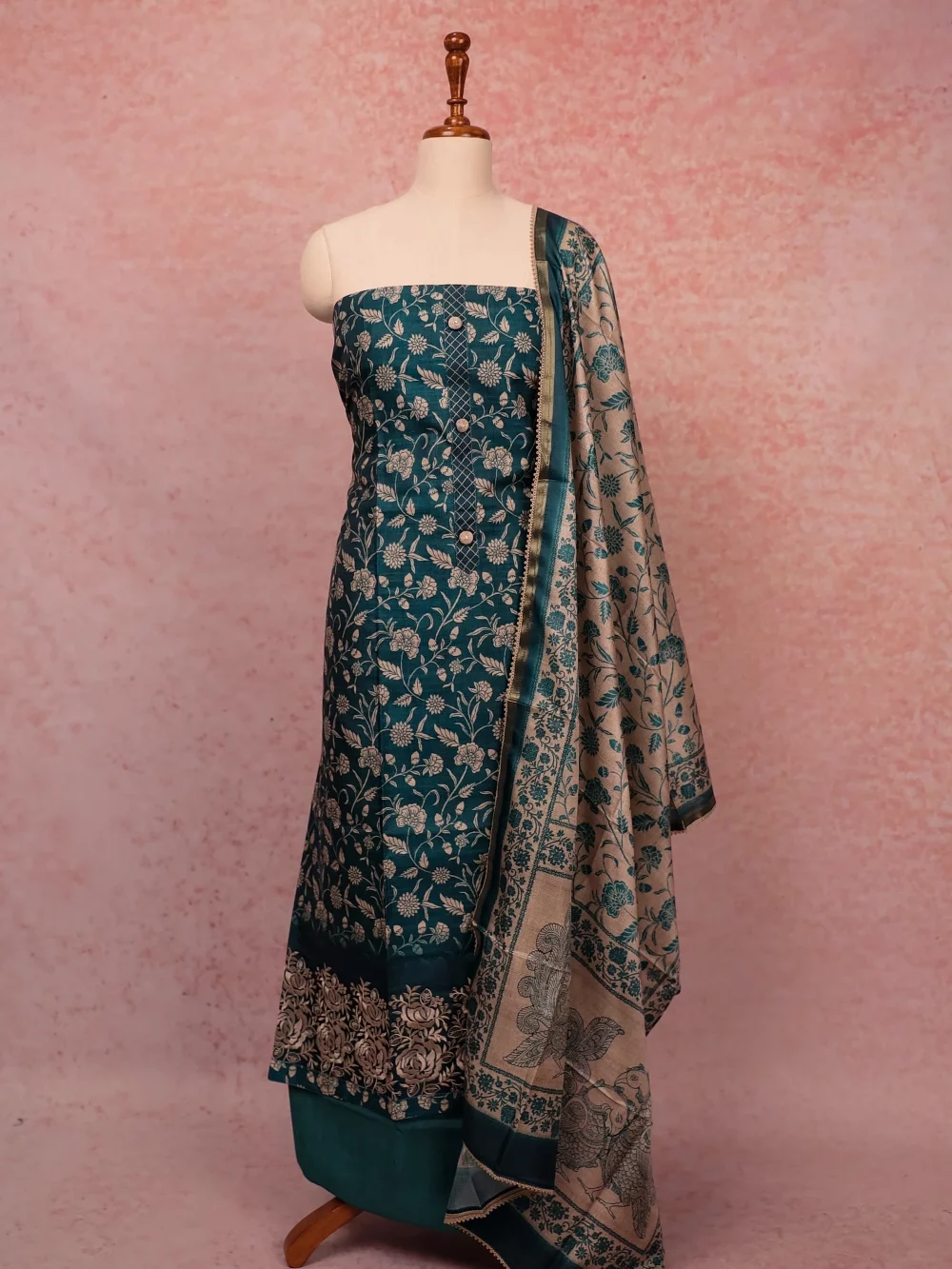 Peacock Green Semi Silk Printed Unstitched Churidr Material