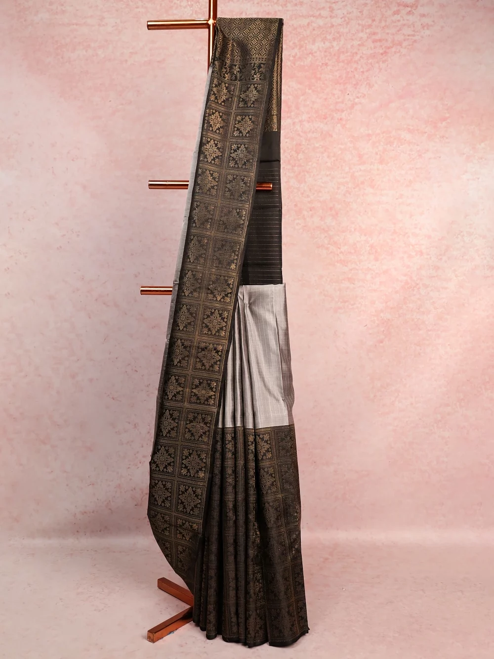 Ash And Black Kancheepuram Soft Silk Saree