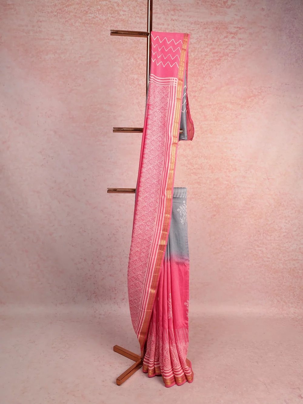 Ash And Pink Semi Chanderi Saree
