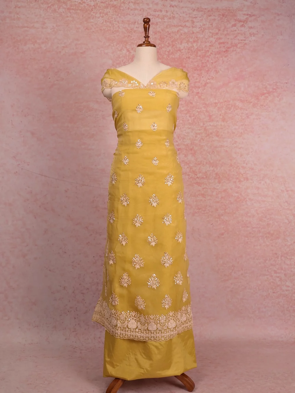 Yellow Organza Beads Work Unstitched Churidhar Material